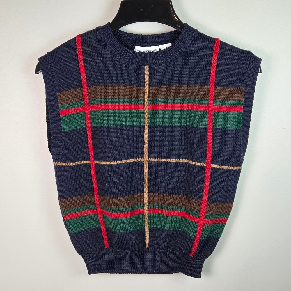 Russ Petites Sweater Vest Women S Blue Excellent Plaid Crew Neck Vintage Knit